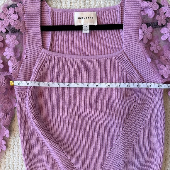 INDUSTRY Lilac Pink Cotton Knit Sweater Top w Sheer Floral Applique Sleeve S - Picture 9 of 12